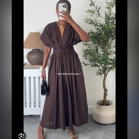 ZARA PLEATED MIDI DRESS ZW COLLECTION BROWN MEDIUM ZARA PLEATED MIDI DRESS ZW COLLECTION BROWN MEDIUM